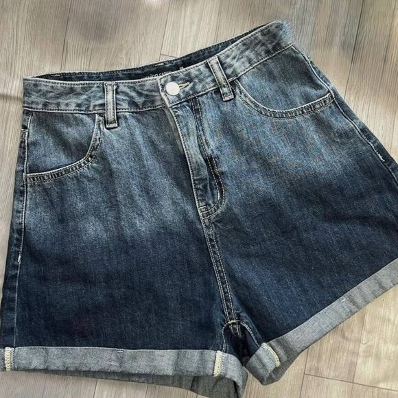 Pants - High Waisted Cuffed Denim Shorts